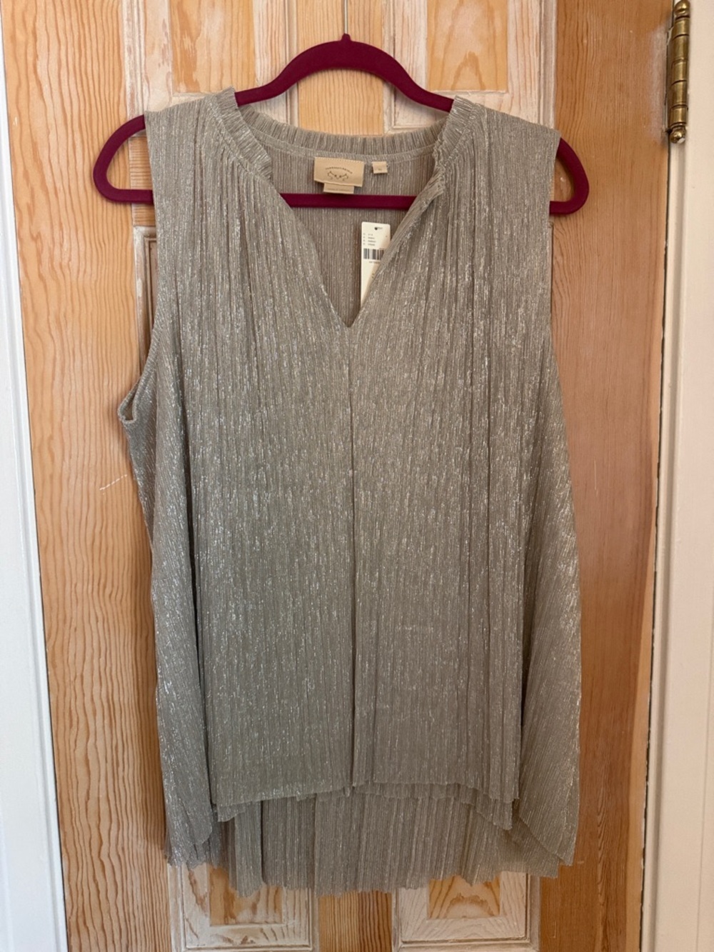 Anthropologie Metallic Pleated Sleeveless V-Neck Top - Silver